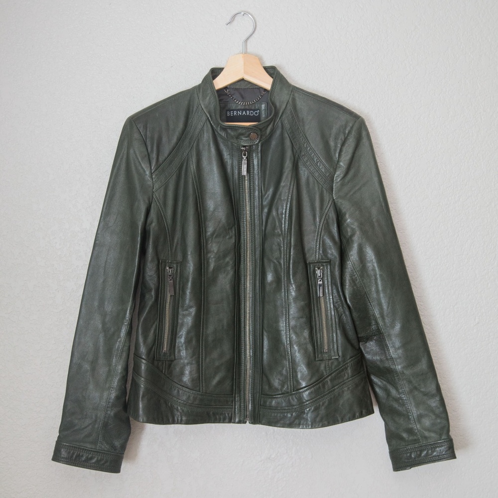 EUC Green Leather Moto Biker Jacket sz Large